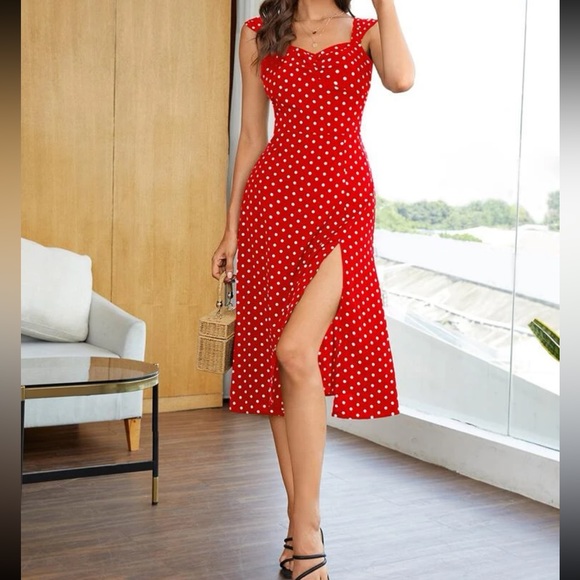 Boho red white split thigh polka dot dress - Picture 4 of 7